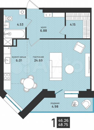 1-к. квартира, 48,8 м², 2/9 эт.