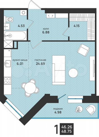 1-к. квартира, 48,8 м², 2/9 эт.