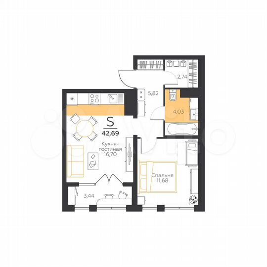 1-к. квартира, 42,7 м², 4/5 эт.