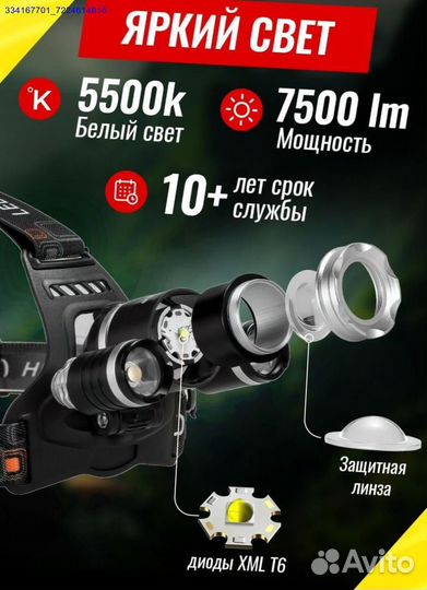 Фонарь Налобный Аккумуляторный (Арт.96755)