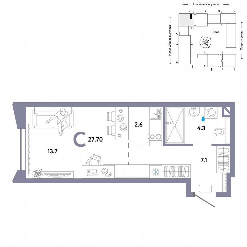 Квартира-студия, 27,7 м², 26/30 эт.