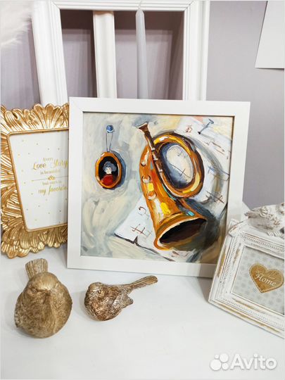 Картина натюрморт музыкальный труба ноты живопись