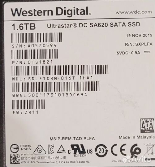 Серверный SSD 1.6 Тб WD UltraStar DC SA620