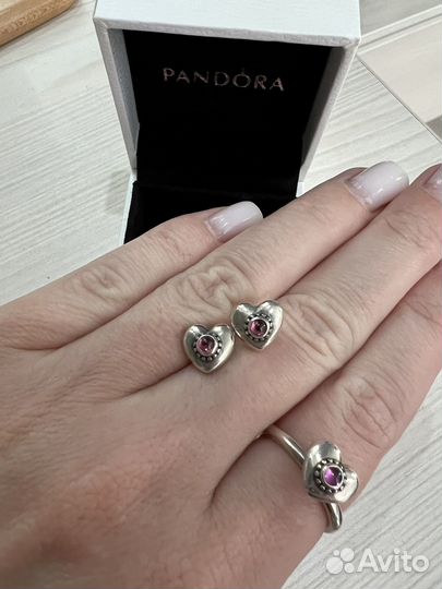 Pandora набор серьги+кольцо с родолитами