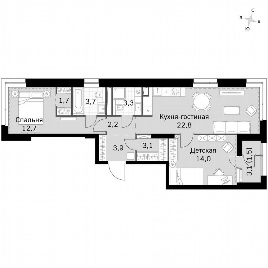 2-к. квартира, 69,6 м², 16/16 эт.