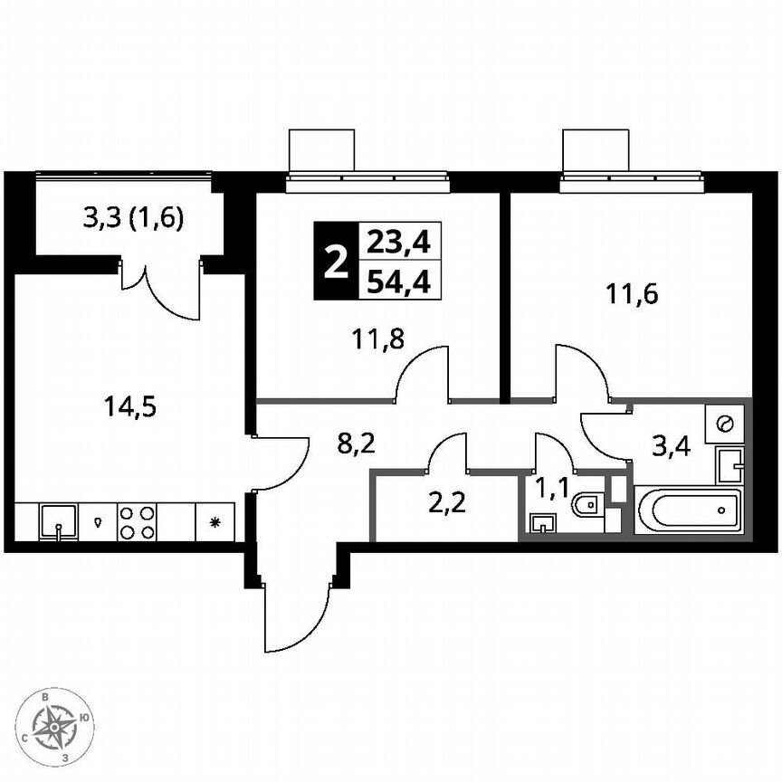 2-к. квартира, 54,4 м², 14/14 эт.