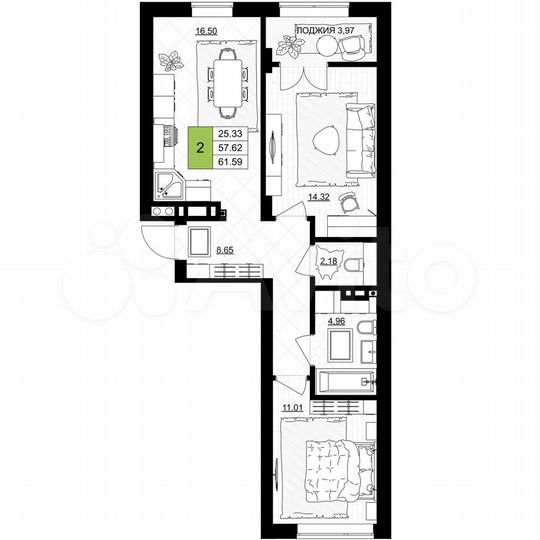 2-к. квартира, 61,6 м², 2/7 эт.