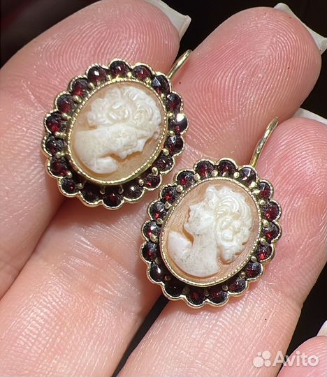 Серьги серебро 900 G Камея,гранат пироппы