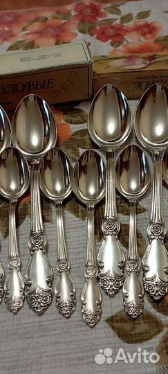 Набор мельхиоровых столовых и чайных ложек Роза