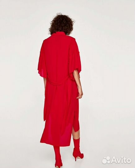 Zara XS красное платье-рубашка миди из вискозы