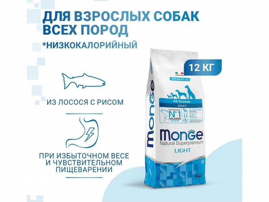 Корм Monge Light для собак, низкокалорийный, 12кг