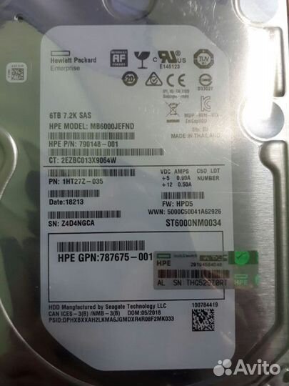 Жесткий диск HP 6TB MB6000jefnd 787335-001 SAS 3.5
