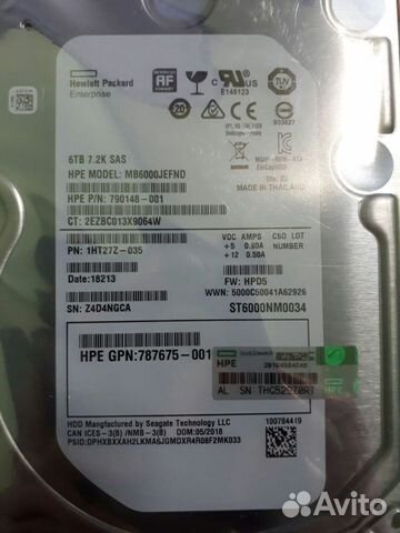 Жесткий диск HP 6TB MB6000jefnd 787335-001 SAS 3.5