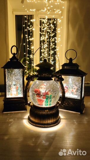 Новогодний фонарь со снегом и с подсветкой
