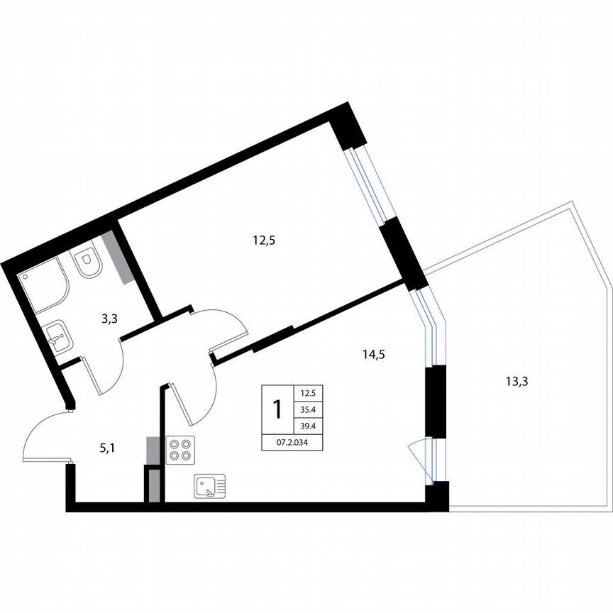 2-к. квартира, 39,4 м², 1/3 эт.