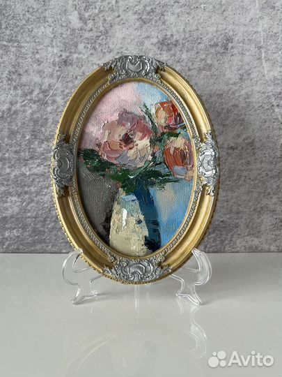 Картина маслом миниатюра в рамке Розы