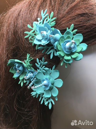 Заколки 75 Сказочные цветы бирюзовые, изумрудные