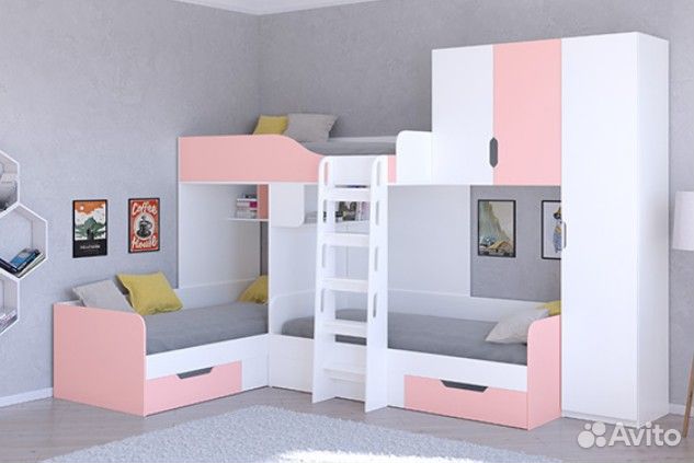 Кровать детская для троих детей со шкафом Сонома/Г