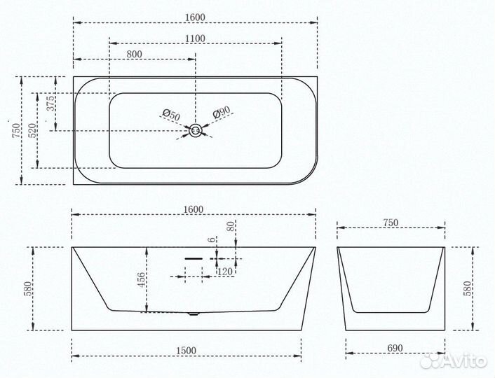 Акриловая ванна abber AB9331-1.6 L белая