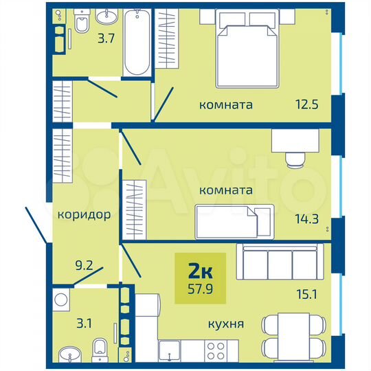 2-к. квартира, 57,9 м², 4/10 эт.