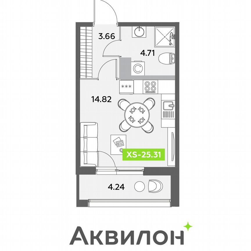 Квартира-студия, 25,3 м², 4/12 эт.