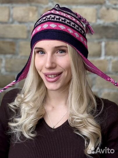 Женская шапка двусторонняя с ушками зимняя Чульо 100% альпака цвет розовый-фуксия