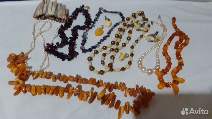 Бусы винтаж из натуральных камней. Янтарь и др