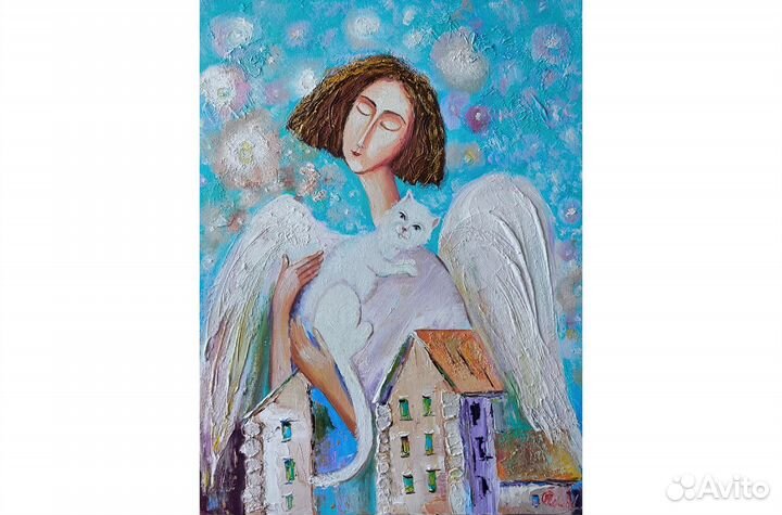 Картина Ангел с белым котом город маслом 40х30 см