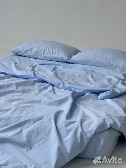 Постельное белье евро голубое из вареного хлопка