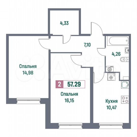 2-к. квартира, 57,3 м², 1/16 эт.