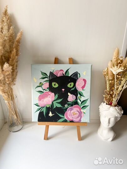 Картина авторская Кот в пионах