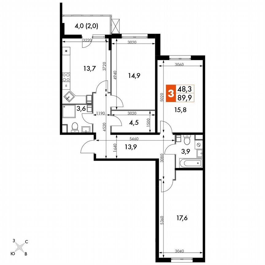 3-к. квартира, 87,9 м², 4/22 эт.