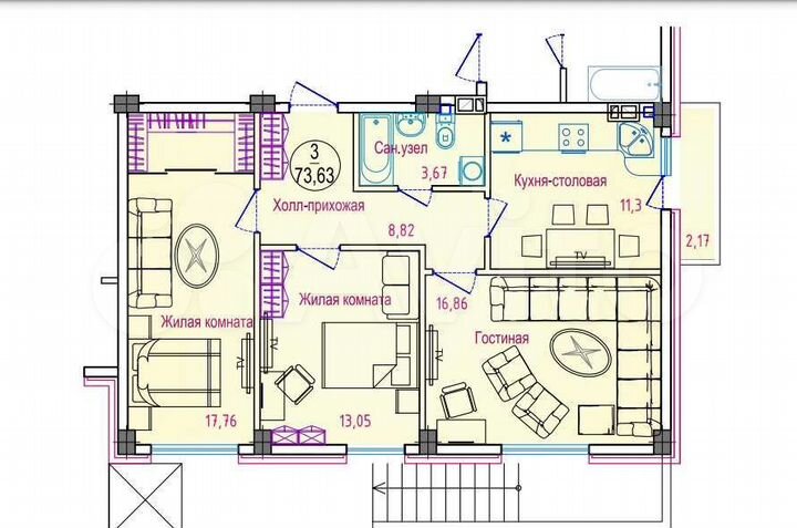 3-к. квартира, 74 м², 1/8 эт.