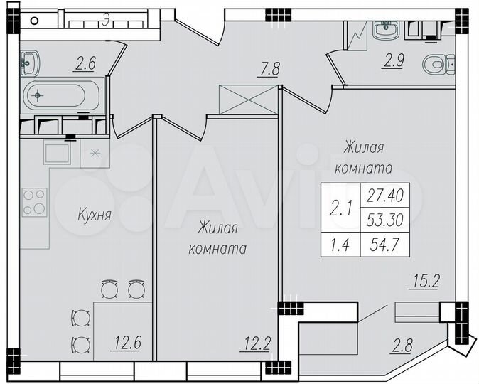 2-к. квартира, 54,7 м², 8/10 эт.