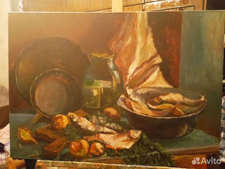 Картина масло 50*70 Мороженая рыба натюрморт