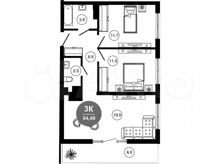 3-к. апартаменты, 64,3 м², 3/10 эт.