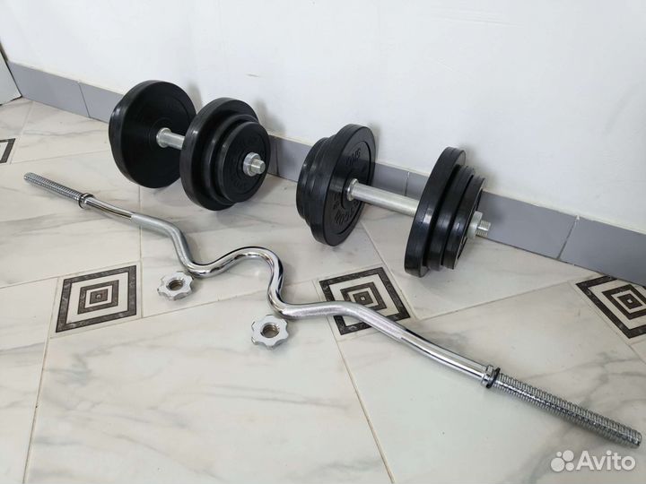 Штанга EZ + гантели Набор 44кг обрезиненные диски