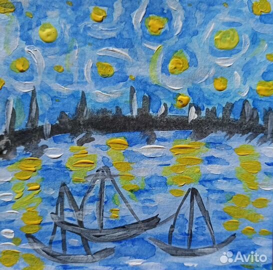 Картина Триптих Звёздный Ван Кот гуашь 10 см