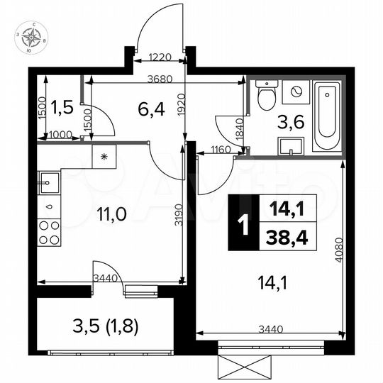 1-к. квартира, 38,4 м², 16/23 эт.