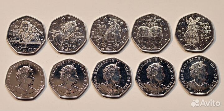 Набор 50 пенсов: Алиса оба вида, Англия / Мэн