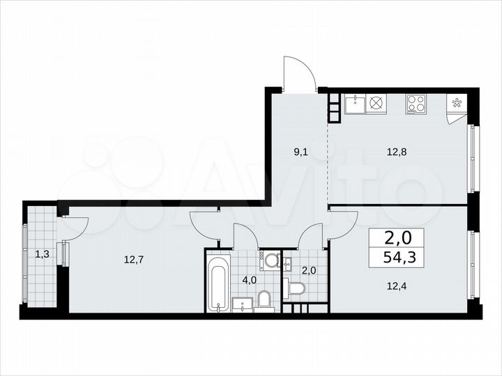 2-к. квартира, 54,3 м², 9/14 эт.