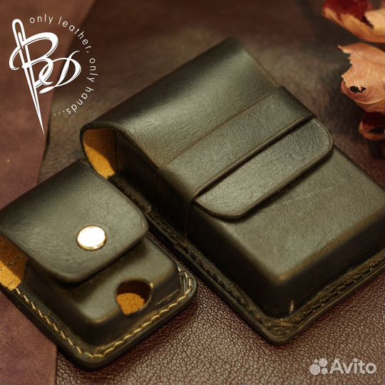 Чехол для пачки сигарет и зажигалки. Кожа