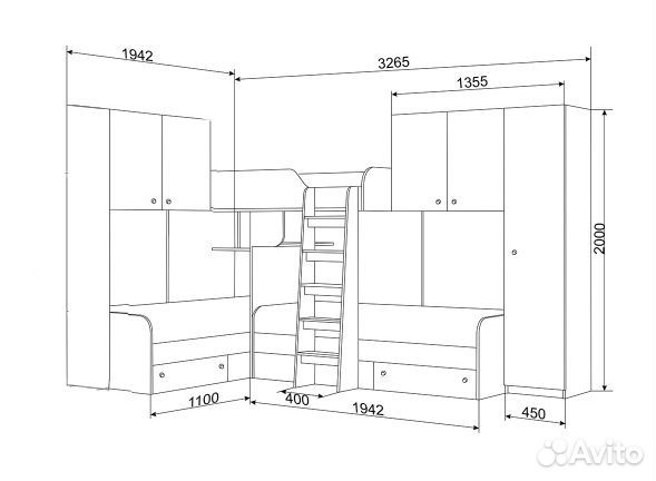 Кровать со шкафом/П и антресолями Дуб Молочный/Оре
