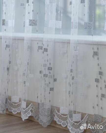 Тюль Мона Серебро готовый на окна пошив