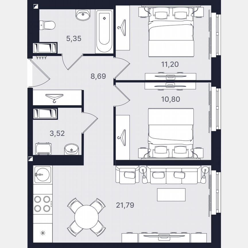 3-к. апартаменты, 61,4 м², 22/24 эт.