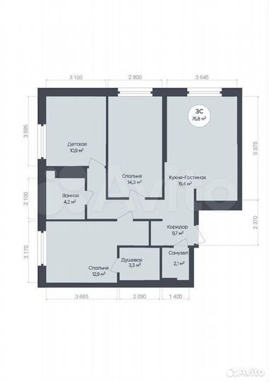 3-к. квартира, 76,8 м², 24/25 эт.