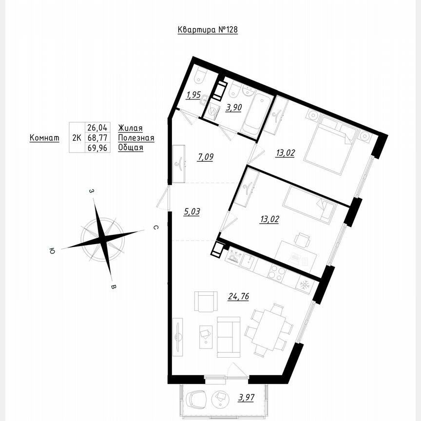 2-к. квартира, 70 м², 2/5 эт.