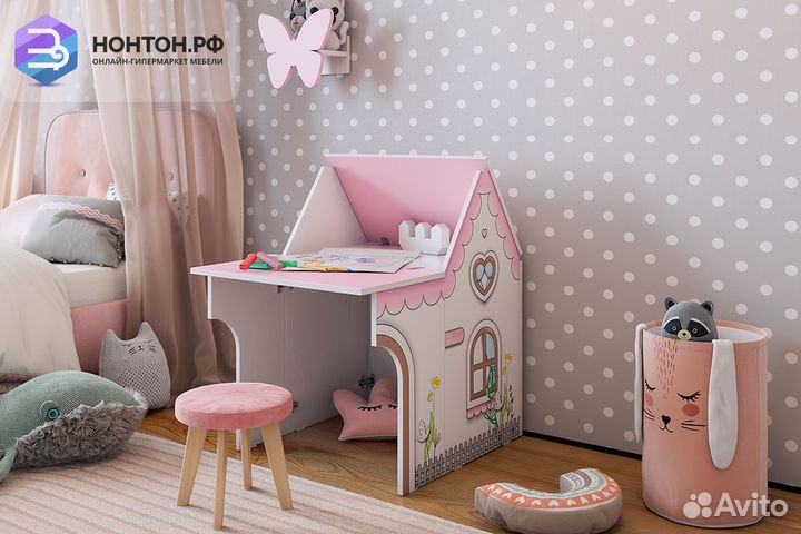 Стол-трансформер Домик белое дерево / розовый