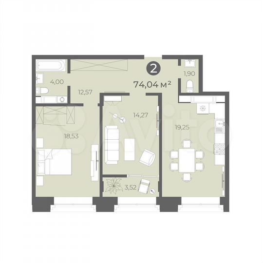 2-к. квартира, 74 м², 2/5 эт.