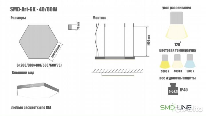 Светодиодная потолочная люстра шестигранник 200мм